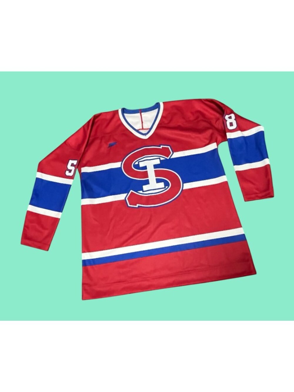 Dynamic Team Sports Red & Blue Hockey Jersey Sz L Canadian Made 100% Polyester - Picture 3 of 5